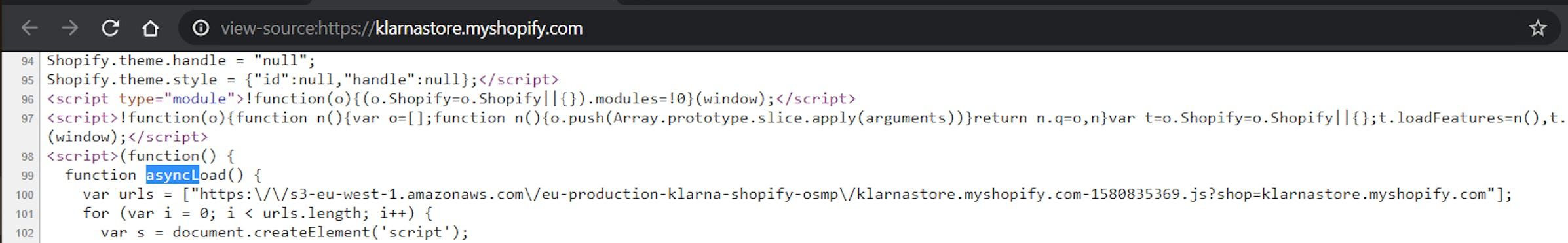 Searching for the asyncLoad()function in the page’s HTML source code.