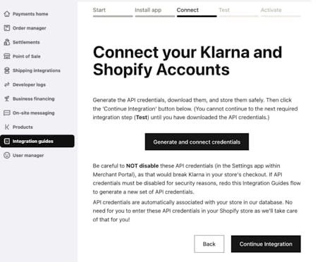 Screenshot of Step 3, Connect, in the Klarna Merchant portal Integration Guides.