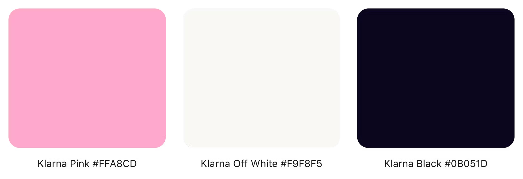 An image showing color tiles of primary colors of Klarna's brand: Klarna pink, Klarna off white, and Klarna black.