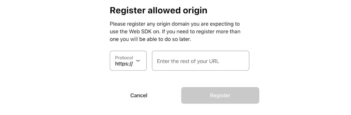 The screenshot of the Klarna Merchant portal showing the Register allowed origin popup within the Express checkout menu.