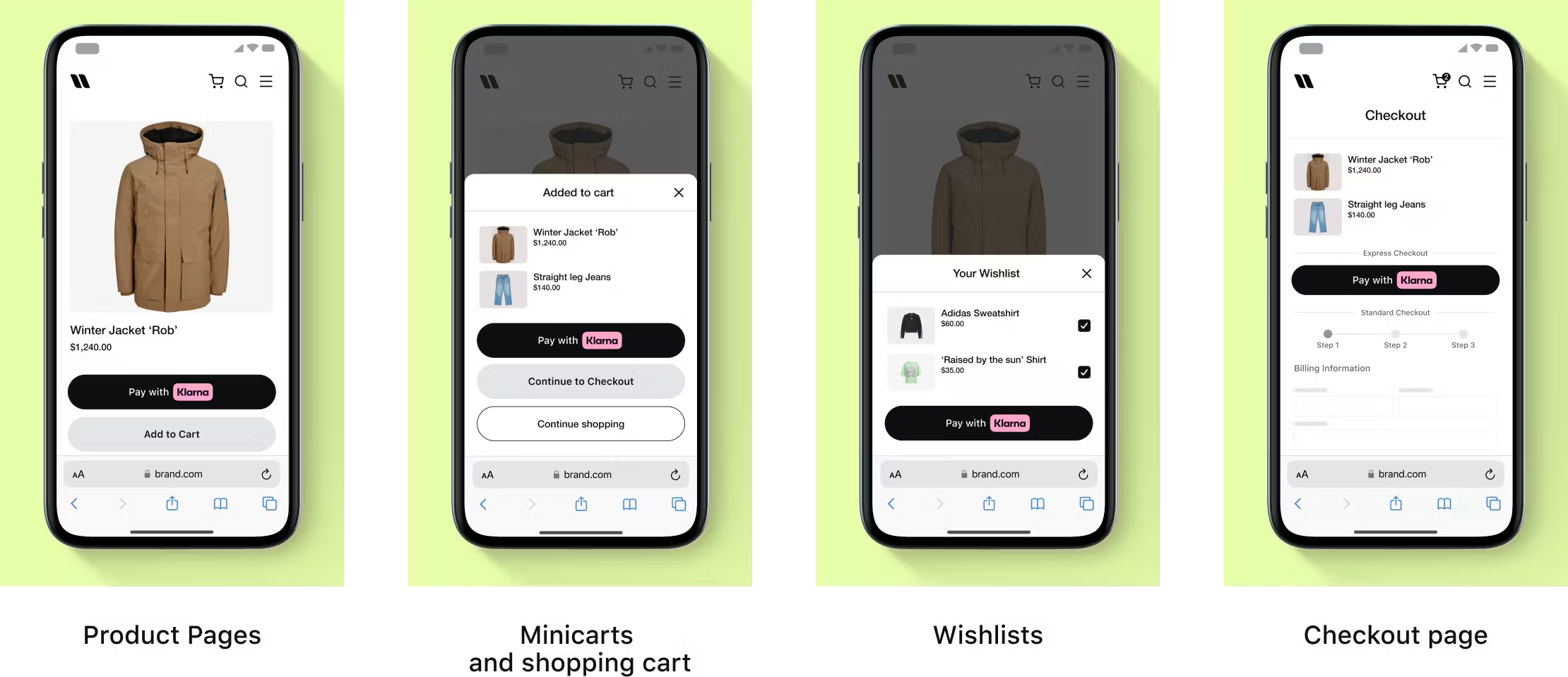 An image displaying possible Express checkout button placements in the context of a mobile app.