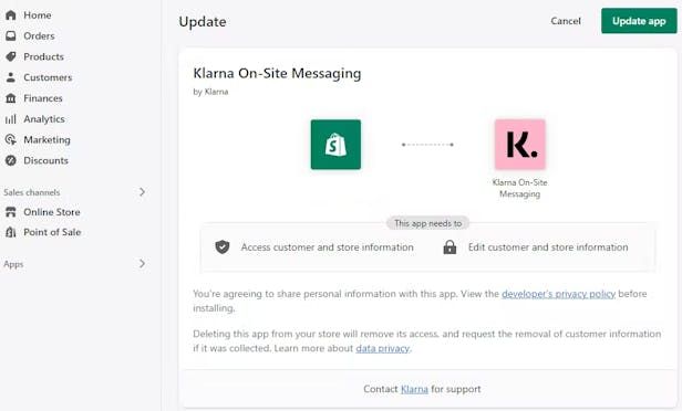 A screenshot showing the activation of Extended Access for the Klarna OSM Shopify app in Shopify admin.