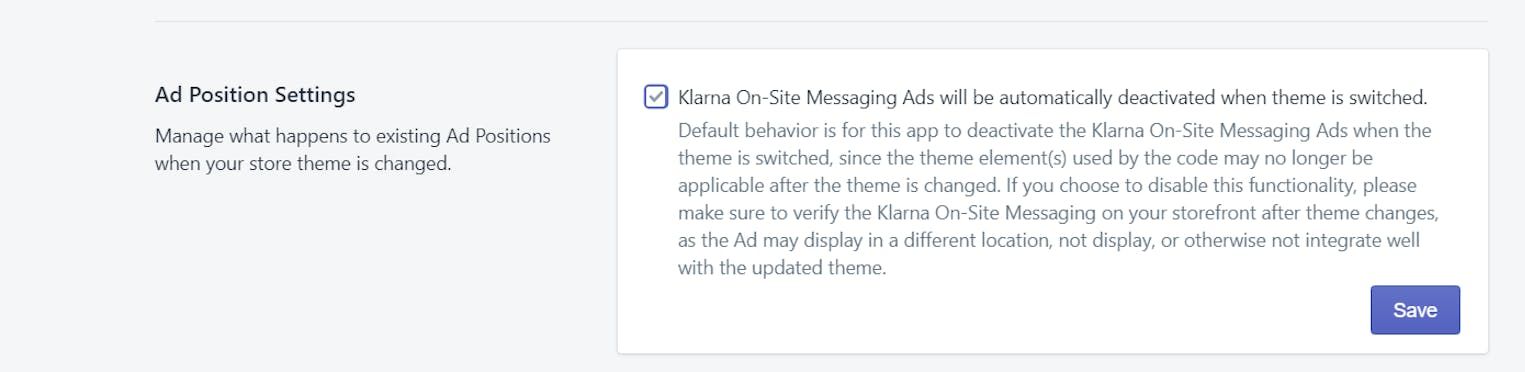 A screenshot of the Ad position settings configuration for the Klarna OSM Shopify app.