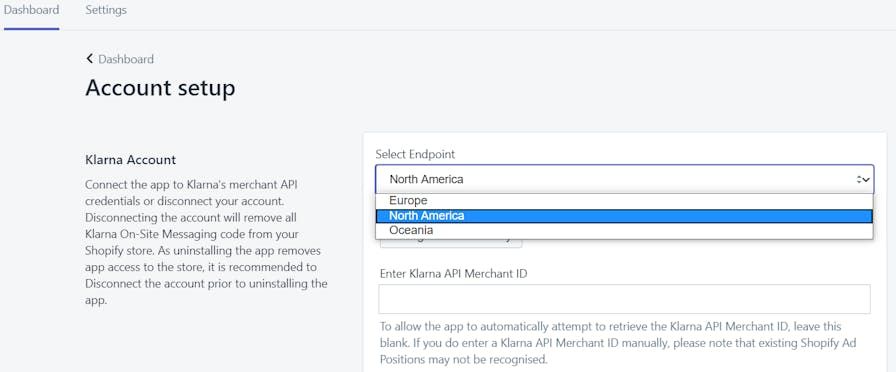 A screenshot of Account setup in Shopify admin showing endpoints for available locations.