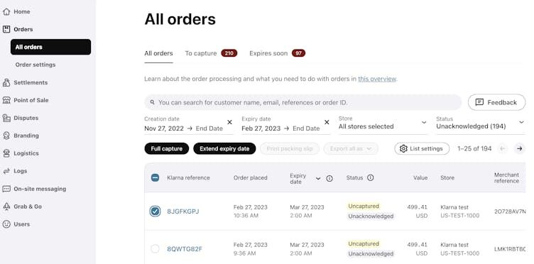 A screenshot of the Klarna Merchant portal Orders menu.