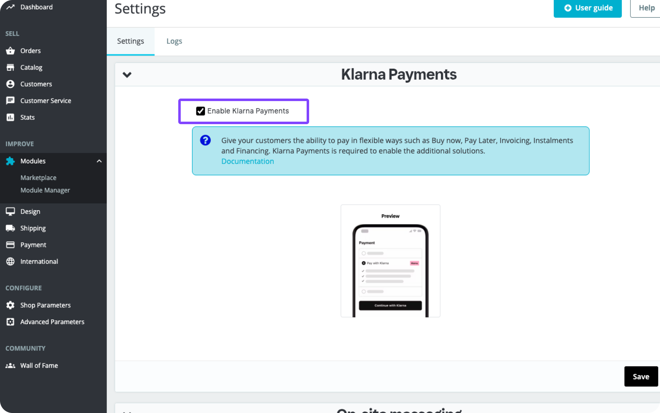 Enable Klarna Payments toggle on PrestaShop back office