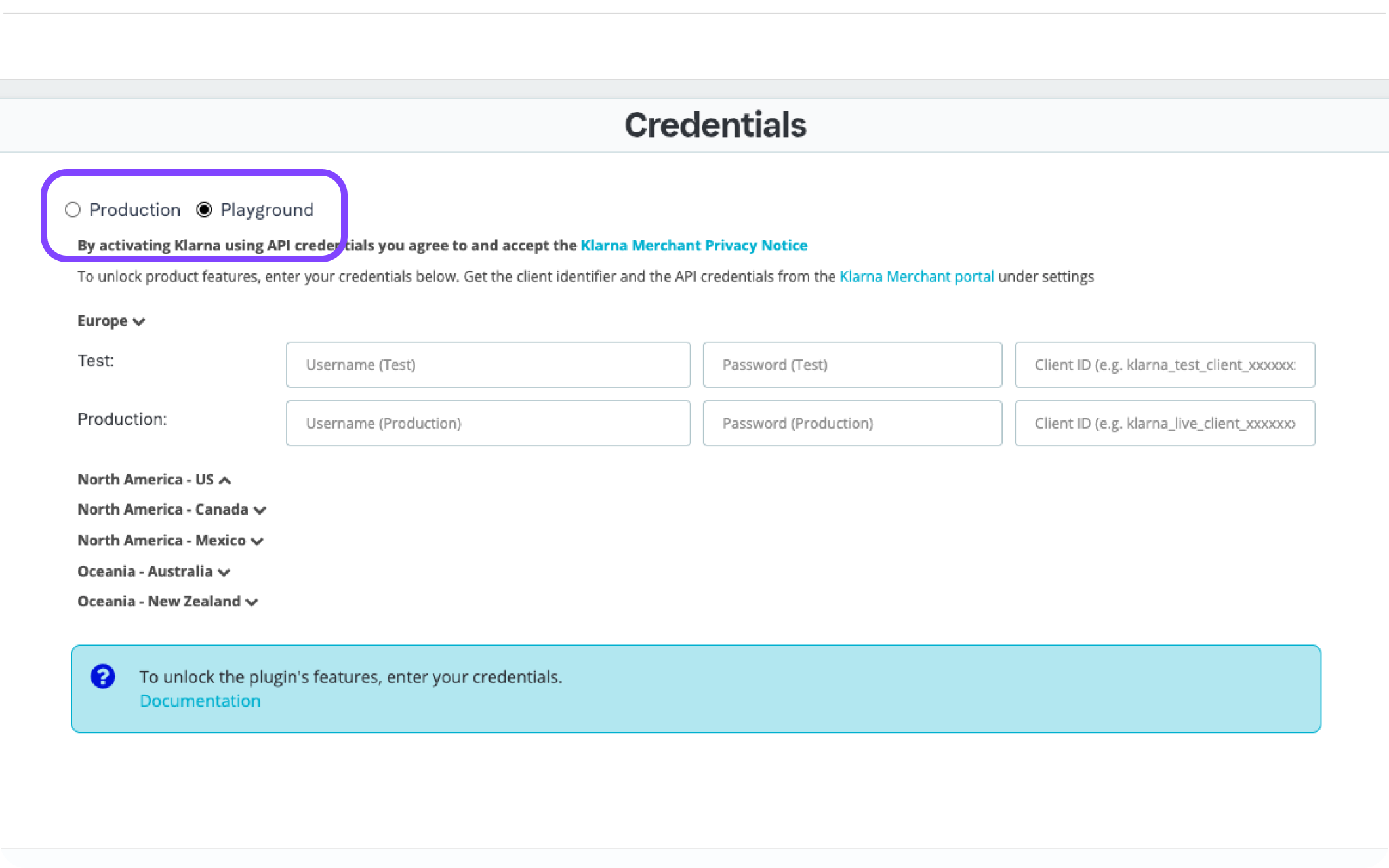 Select the Klarna environment you want to use