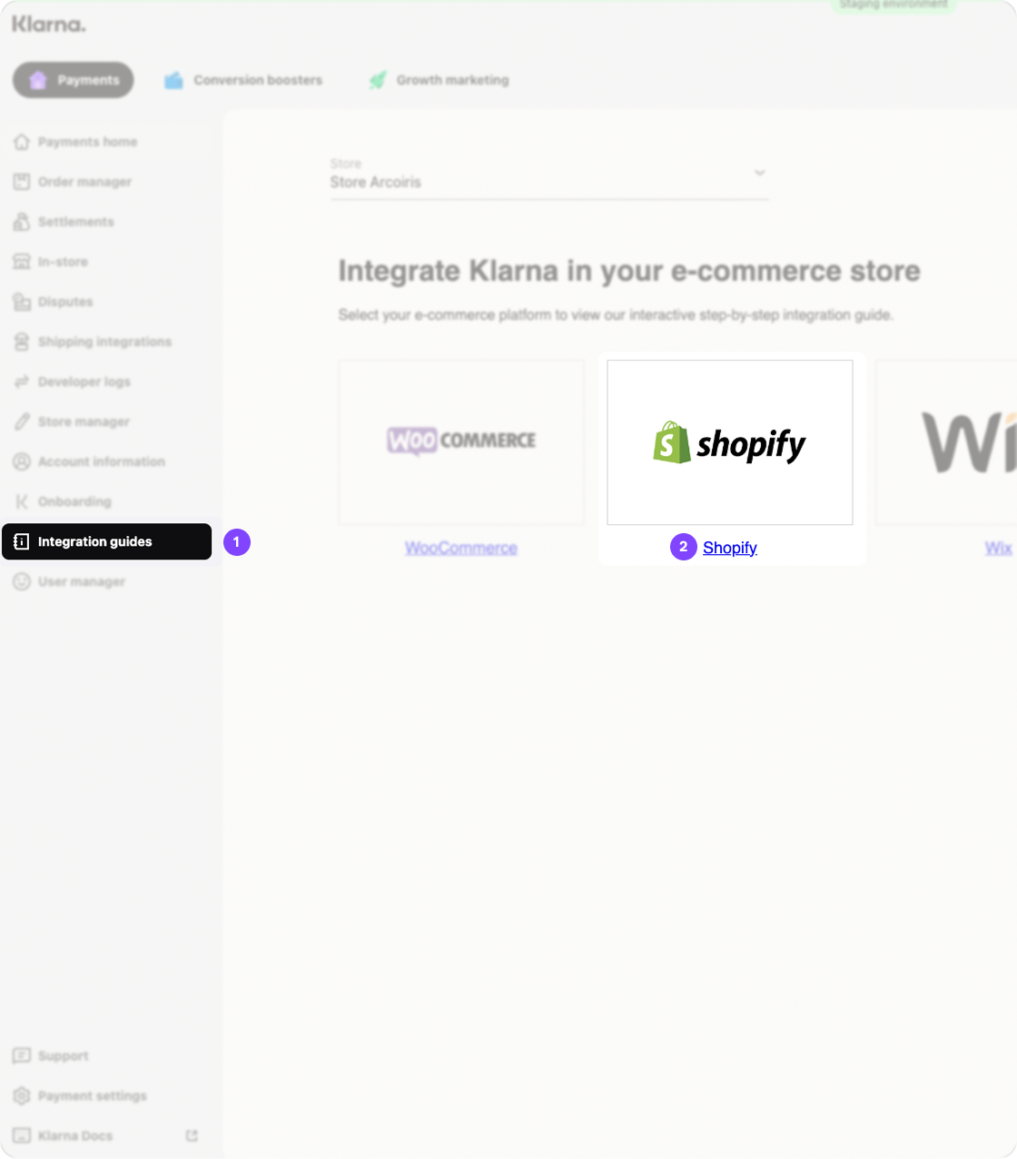 Screenshot of Step 1, Start, in the Klarna Merchant portal Integration Guides.