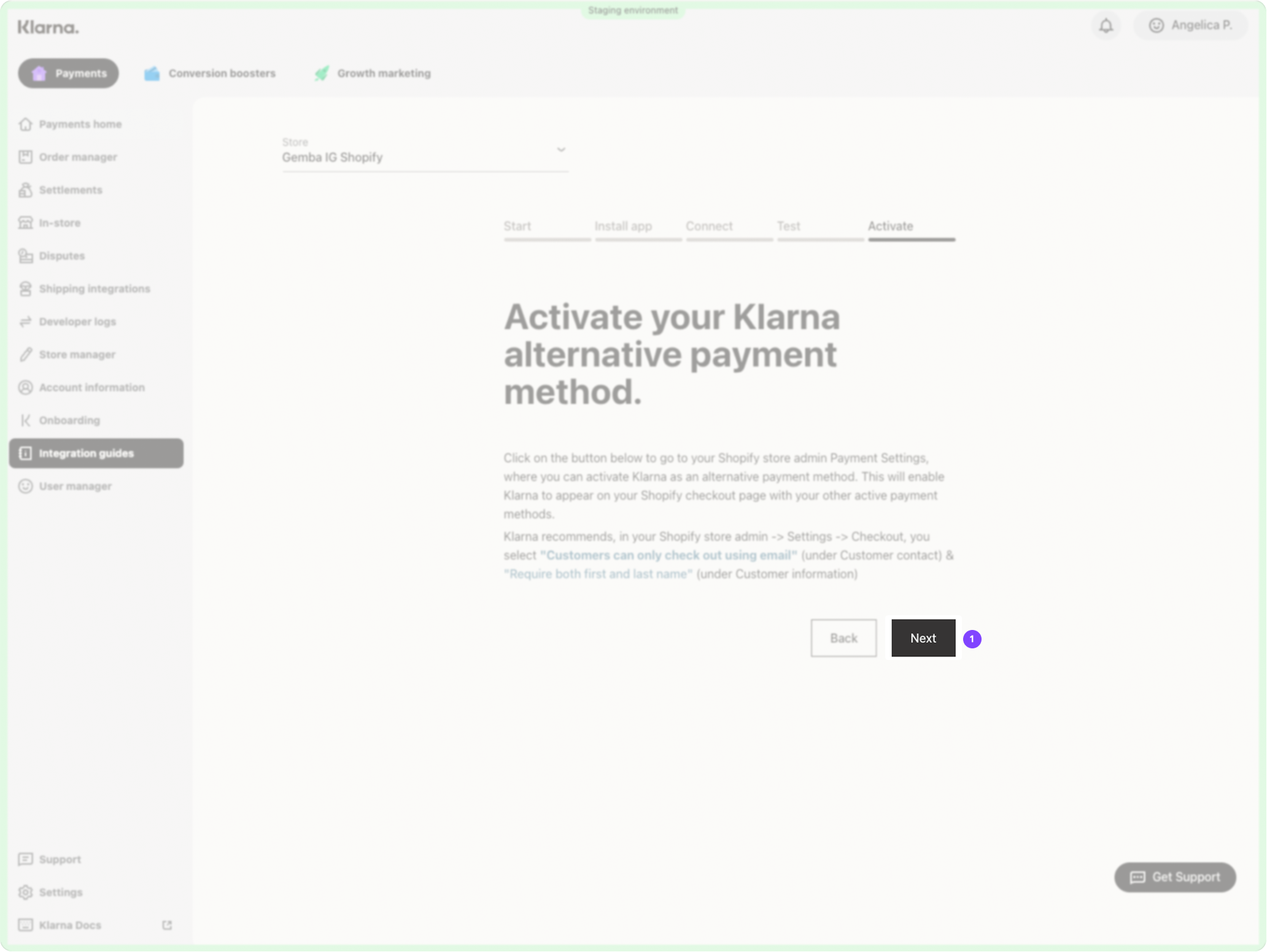 Screenshot of Activate, in the Klarna Merchant portal Integration Guides.