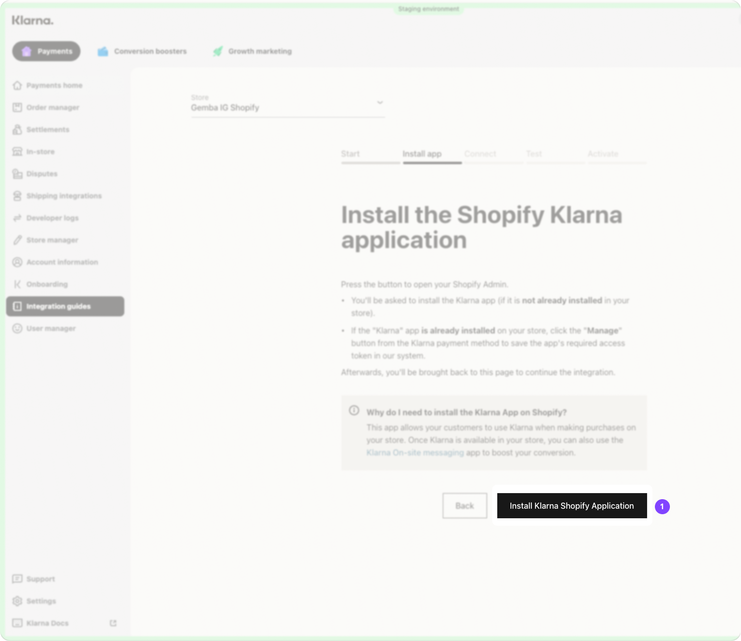 Screenshot of Step 3, Install app, in the Klarna Merchant portal Integration Guides.