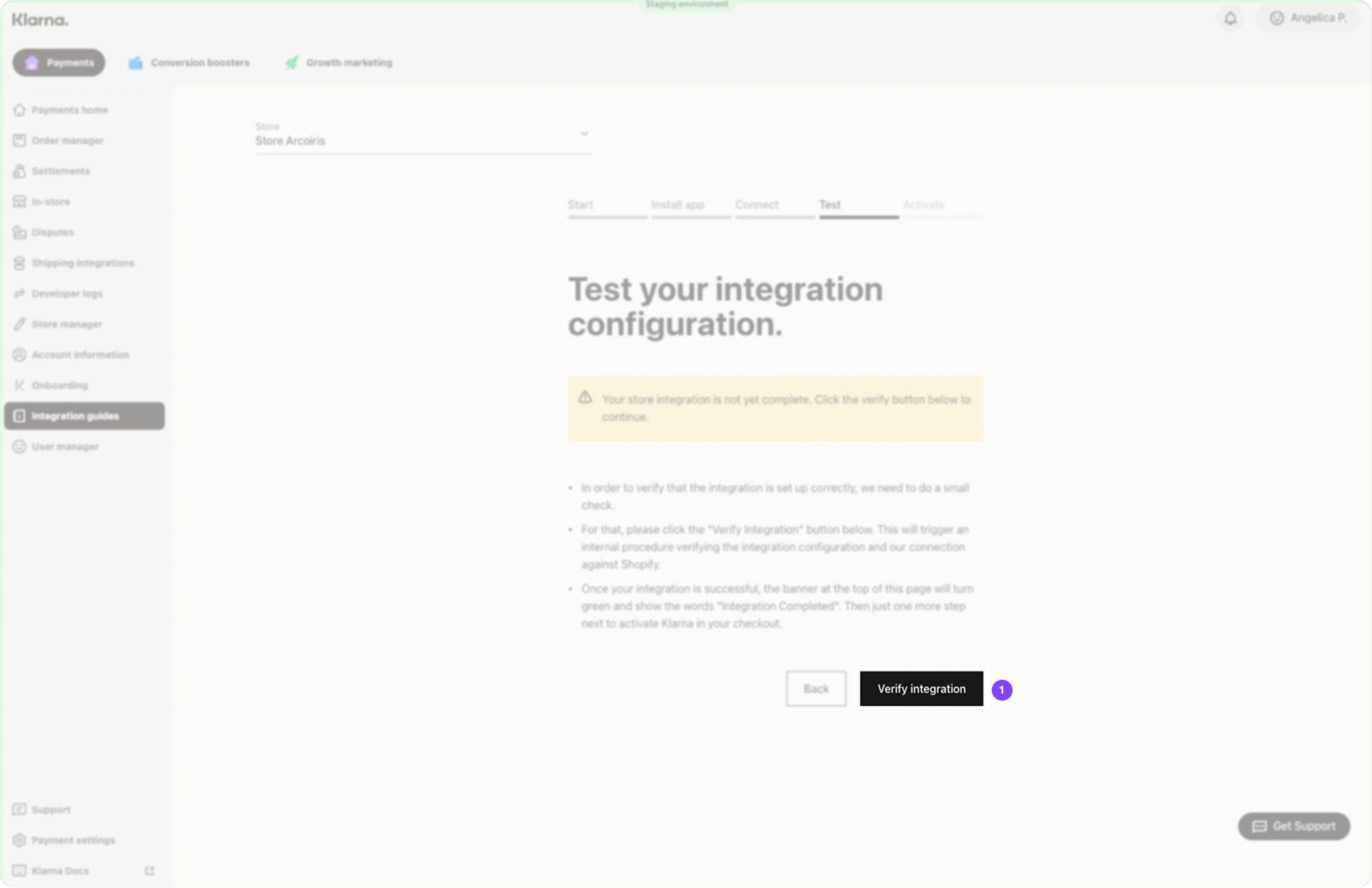 Screenshot of Test, in the Klarna Merchant portal Integration Guides.
