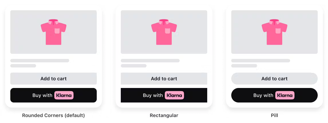 An image showing shopping site prototypes with all available shapes that can be applied to the Express checkout button: the default shape, the rectangular shape, and the pill shape.