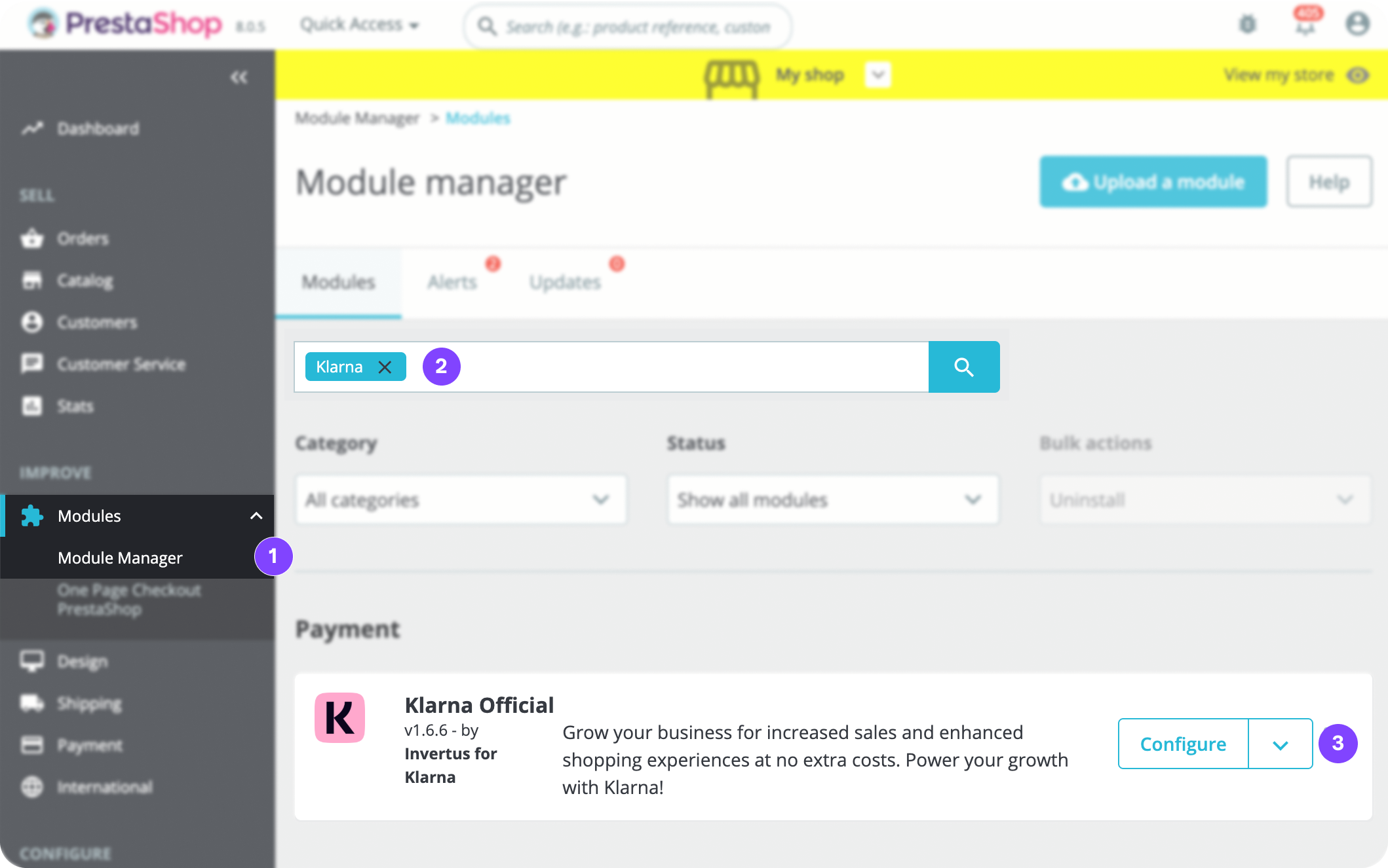 Selecting Configure on the Klarna Official module