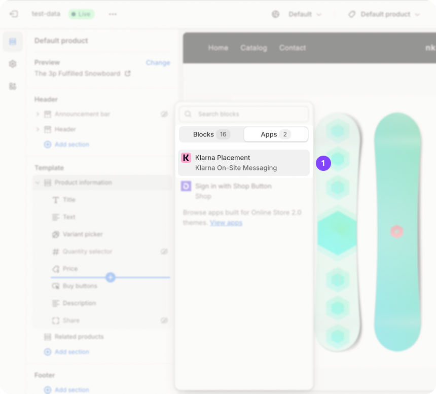 A screenshot from the Klarna On-site messaging Shopify app showing the App Block inside a product template.
