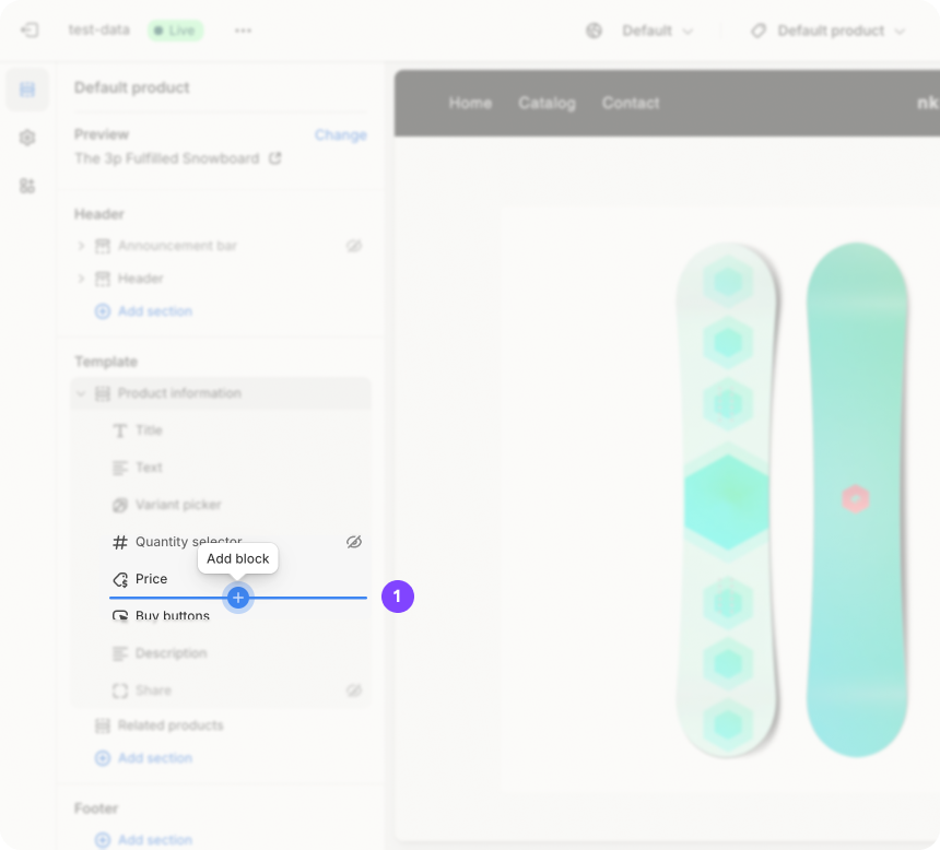 A screenshot from the Klarna On-site messaging Shopify app showing the App Block inside a product template.