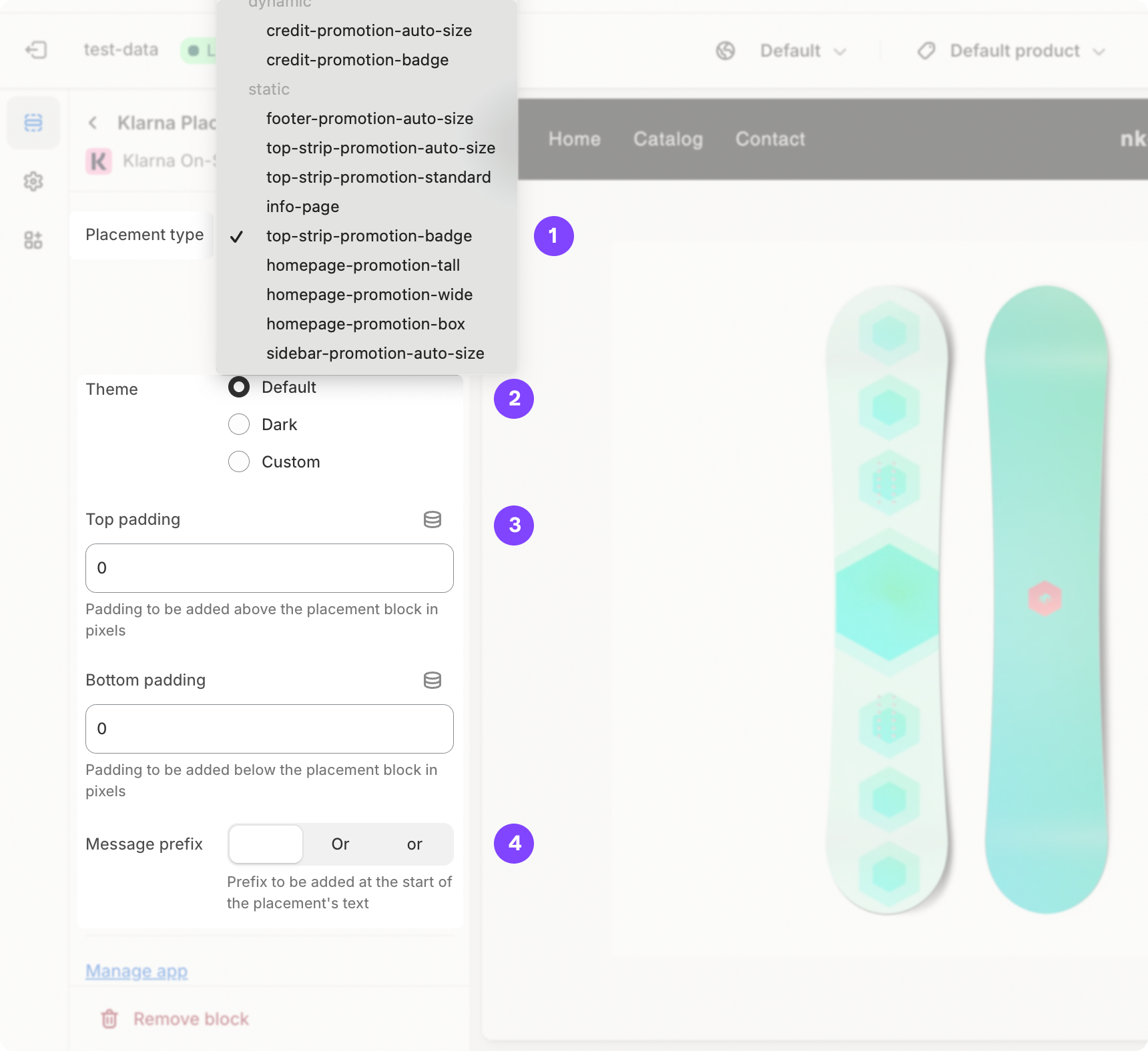 The configuration options available within the Klarna Placement app block.