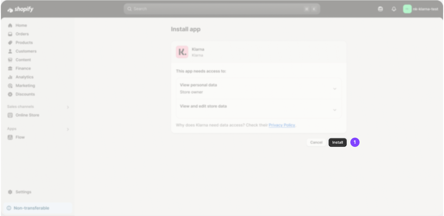 Screenshot of Step 3, Install, in Shopify admin.
