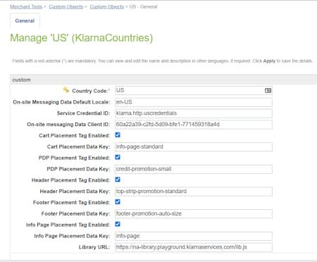 SFCC - Klarna Countries Custom Object