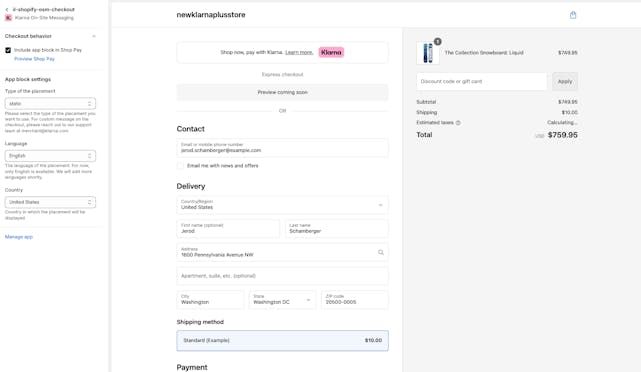 An image displaying customization options within the Klarna On-site Messaging checkout settings.