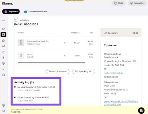 Order Details in Klarna Portal