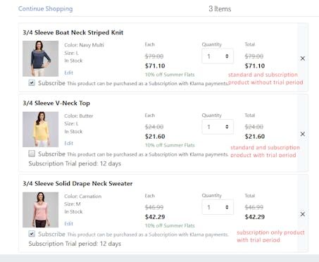 Subscription products on cart page