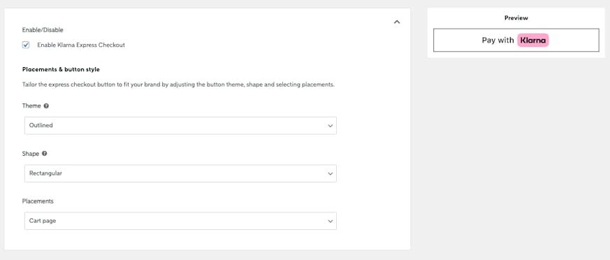 Express Checkout settings within the Klarna plugin for WooCommerce.