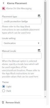 The configuration options available within the Klarna Placement app block.