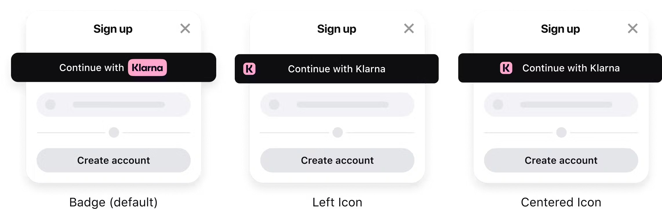 An image showing all available shapes that can be applied to the standard Sign in with Klarna button: Badge (default), left icon, and centered icon.