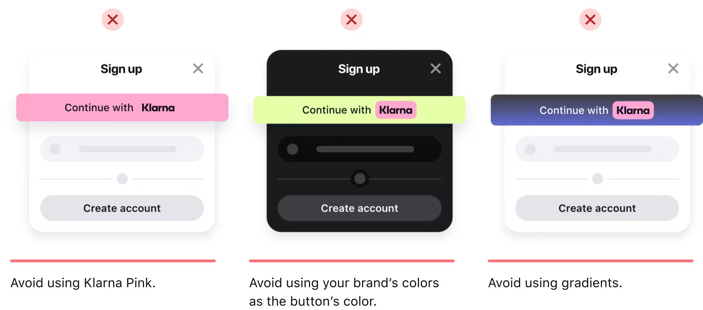 An image showing examples of colors that should be avoided as background colors for the Sign in with Klarna button.