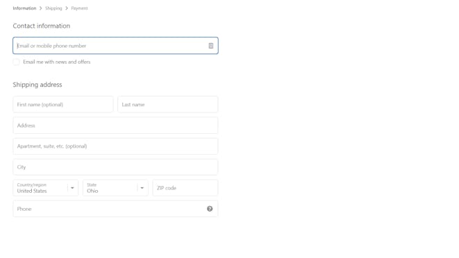 Screenshot of the Contact information section in Shopify Checkout.