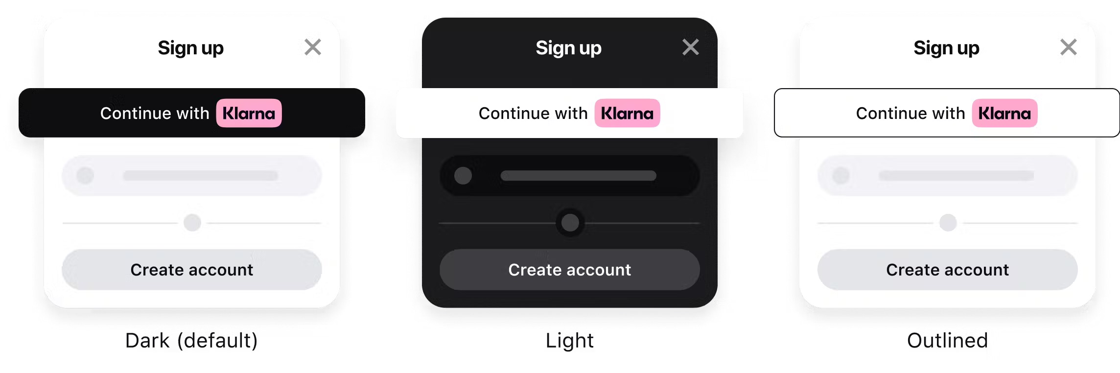 An image showing custom Sign in with Klarna buttons with different colors used as background colors: Klarna black, white, and Klarna off white.