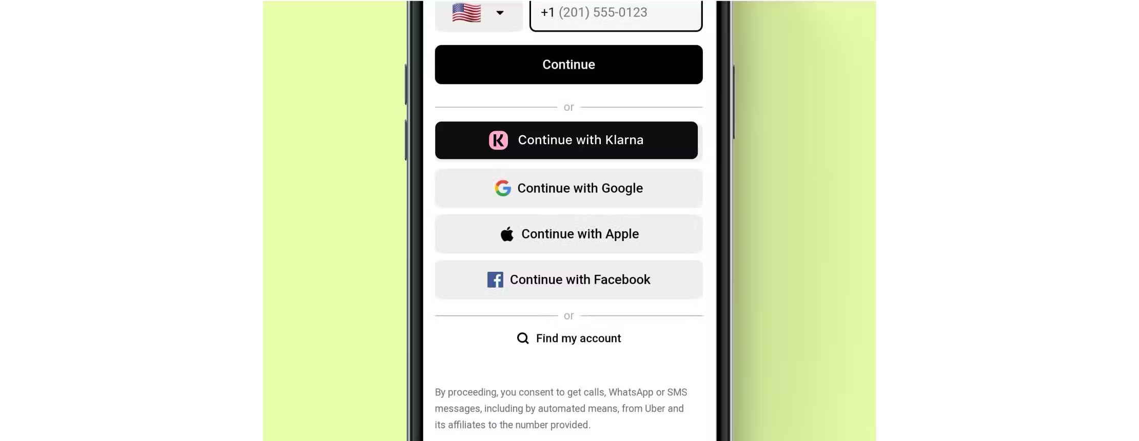 An image a mobile screen with a custom Sign in with Klarna button where the Klarna icon is used.