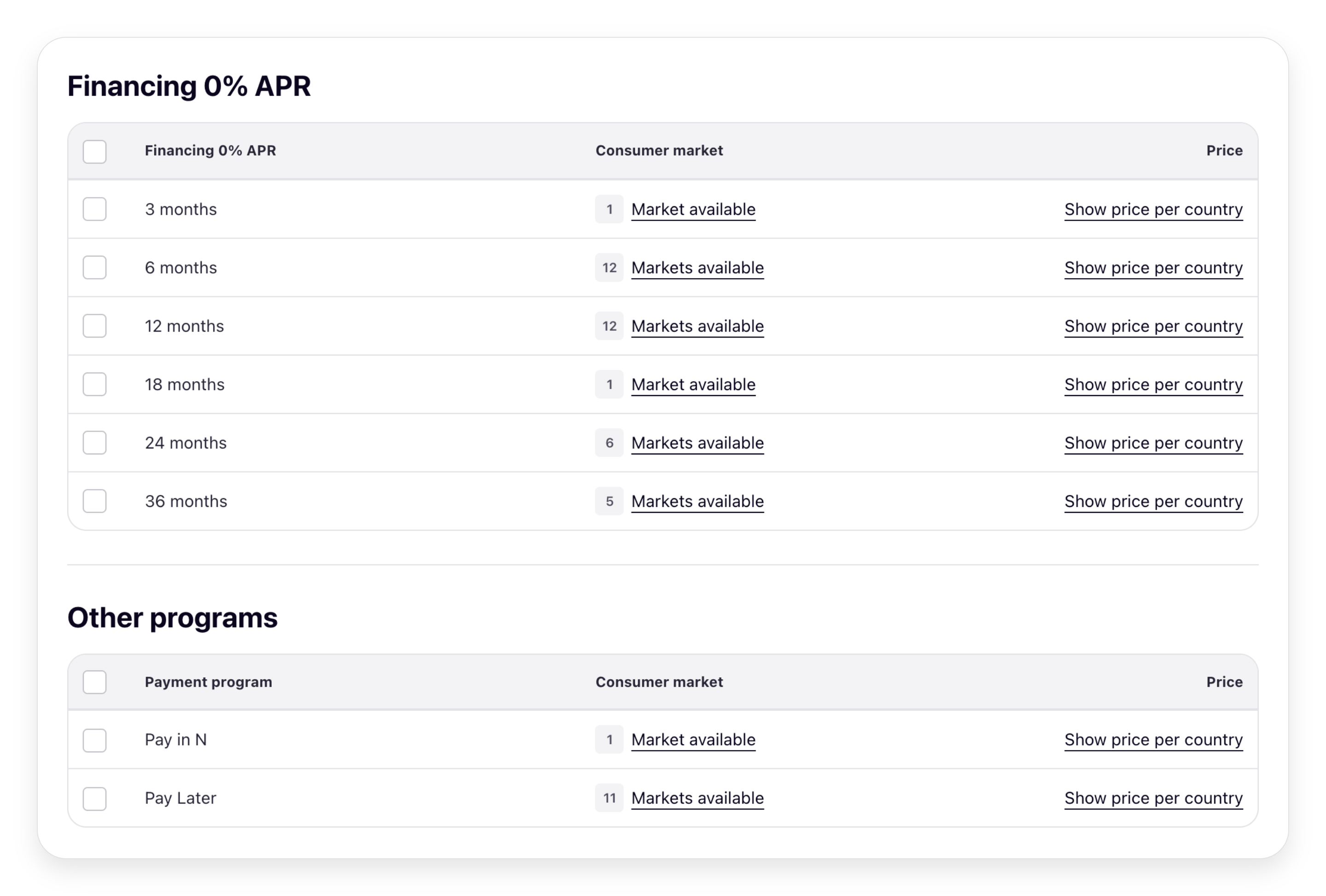 Create screen showing curated categories and available Payment Programs with sell rates inline