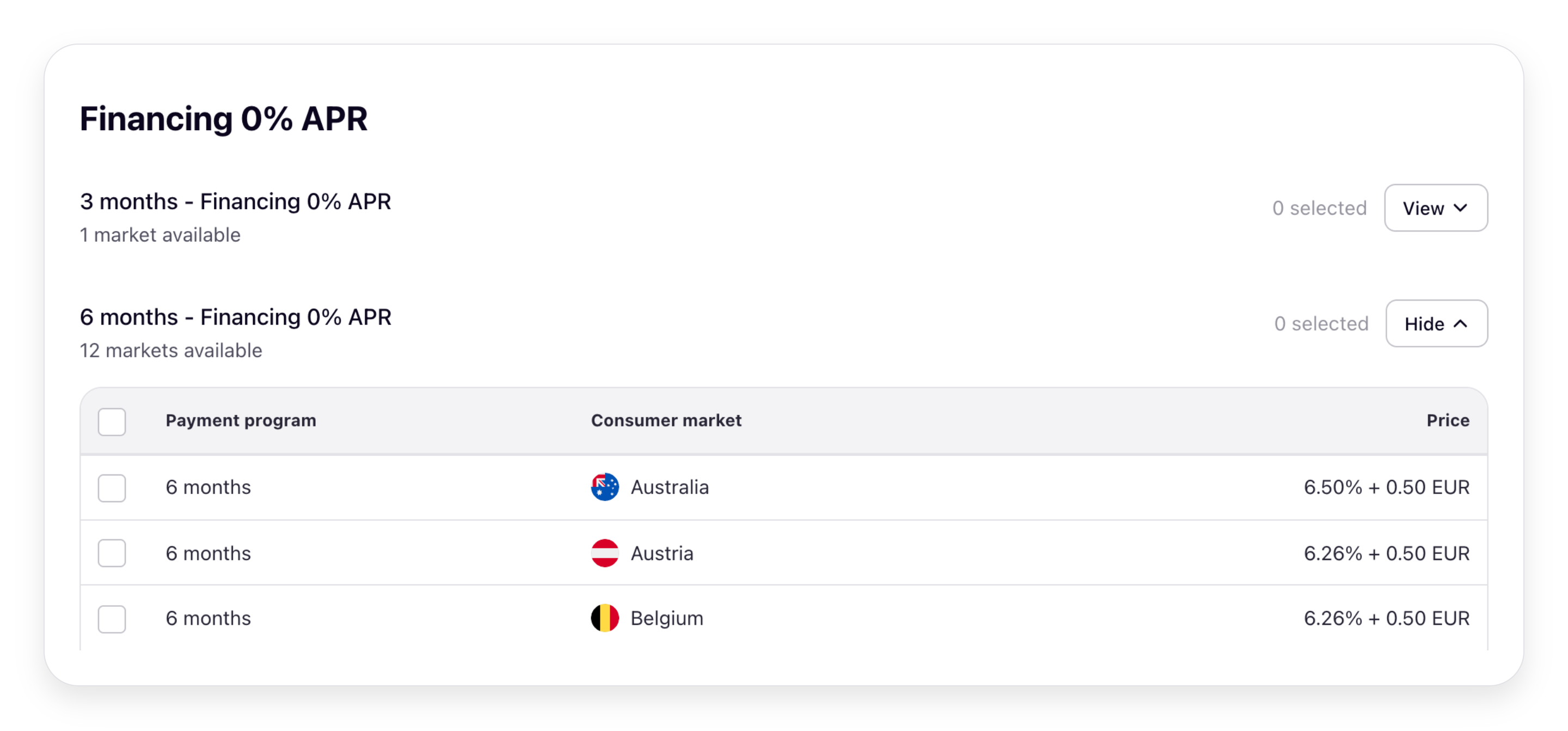Create screen in the advanced configuration, with a per-market table